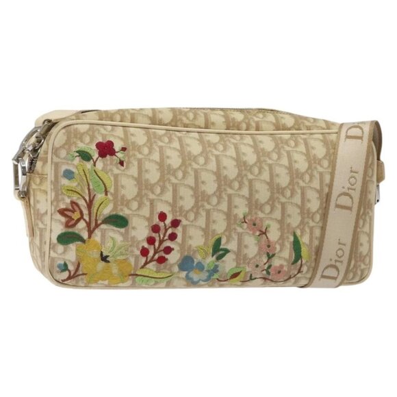 Christian Dior Trotter Canvas Flower Shoulder Bag Beige Silver Auth fm4695 - Picture 1 of 16